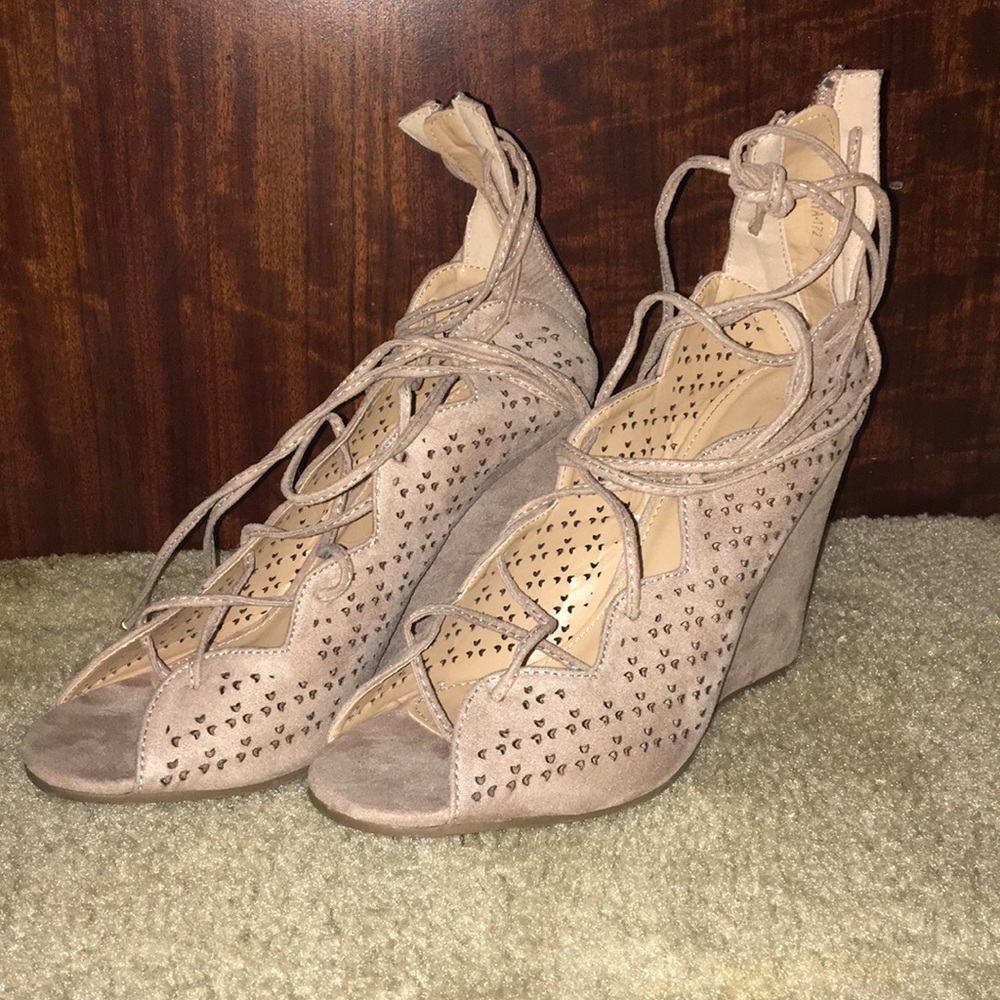 Nude suede lace up wedges